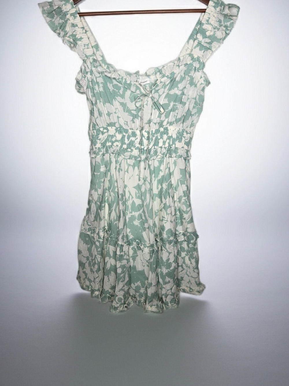 NWT Blu Pepper Mint Green White Floral Frilly Ruffle Smocked Mini Dress Size S